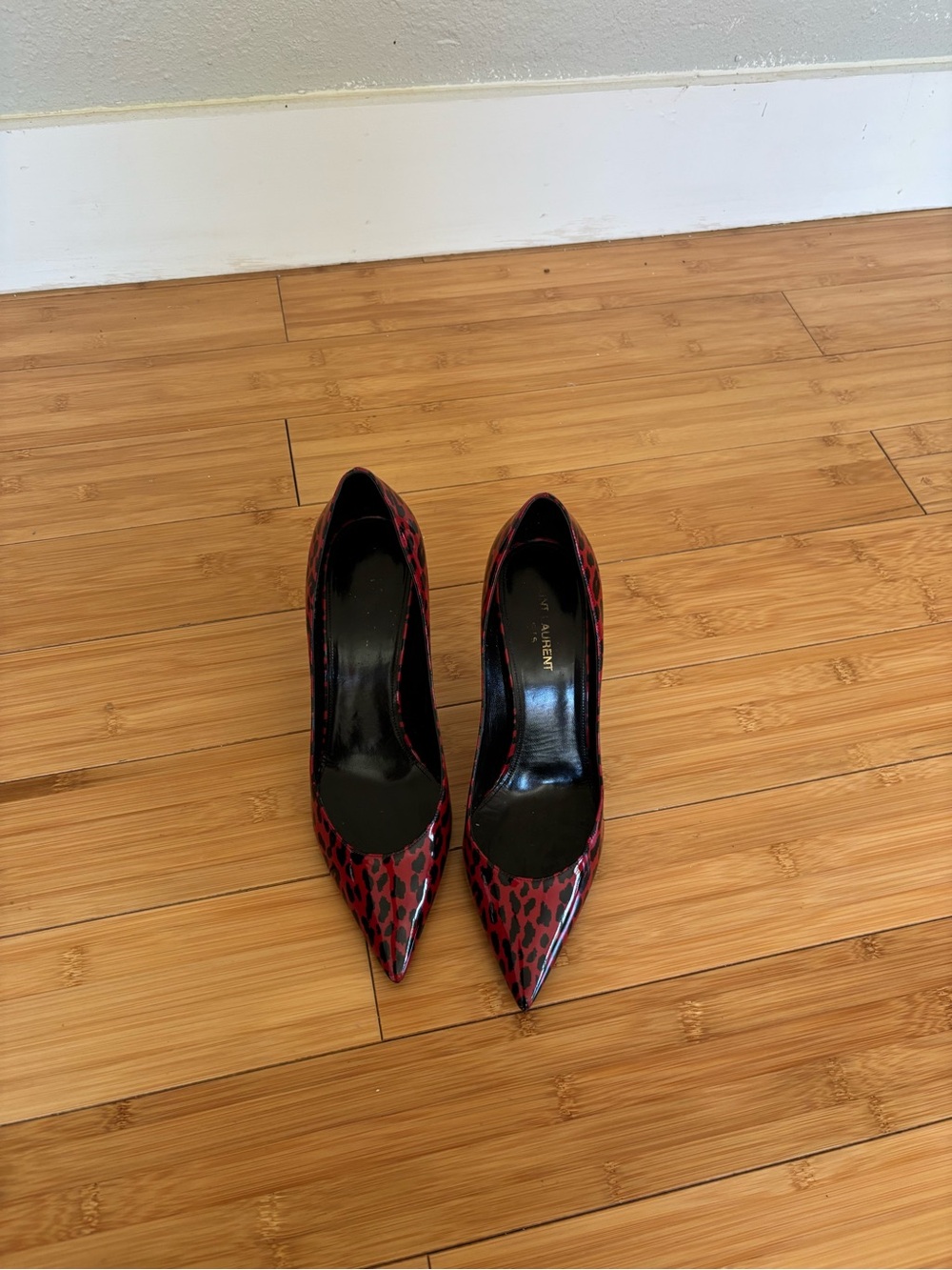 Saint Laurent Red and Black Leopard Patent Pointed-Toe Pumps